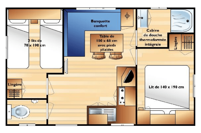 Plan Super Venus - Mobil-home 4 personnes 2 chambres - Camping les 3 Lacs du Soleil à trept en Isère