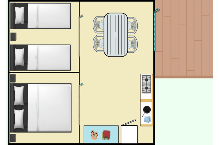 Plan bungalow toilé meublé - Tente prête à camper au Camping les 3 Lacs du Soleil en Isère à Trept