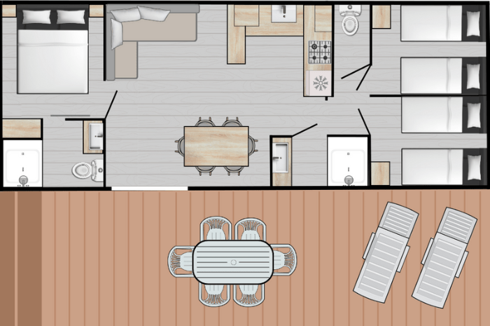 plan mobil-home LODGE - 3 chambres 2 salles de bain - Camping en isère
