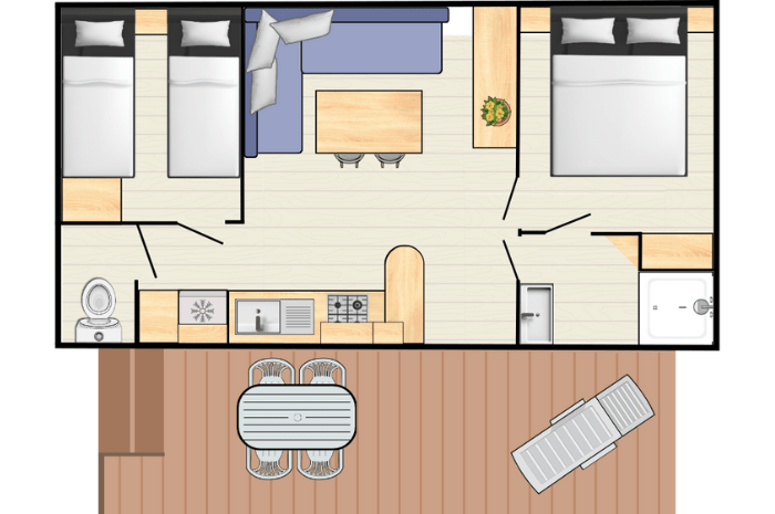 plan mobil-home 2 chambres - Camping les 3 lacs du Soleil en Isère