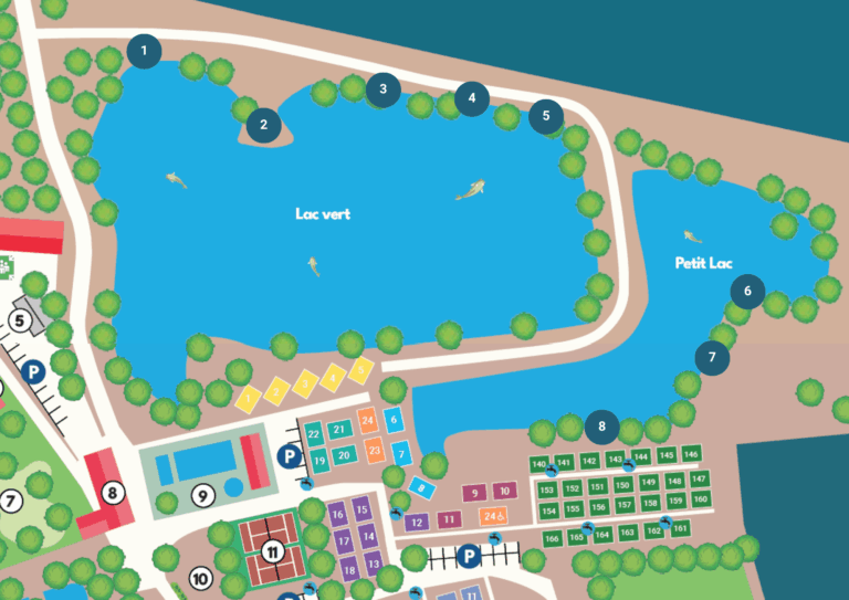 Postes de pêche à la carpe au Camping les 3 lacs du soleil, situé à Trept dans le Nord Isère